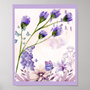 Affiche d'art floral violet Fleurs & papillons à