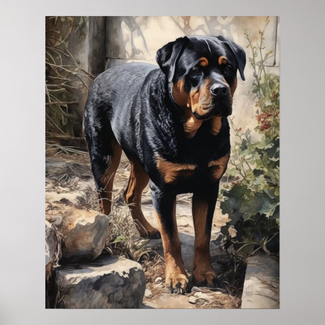 Affiche d'art imprimé de chien Rottweiler (Devant)