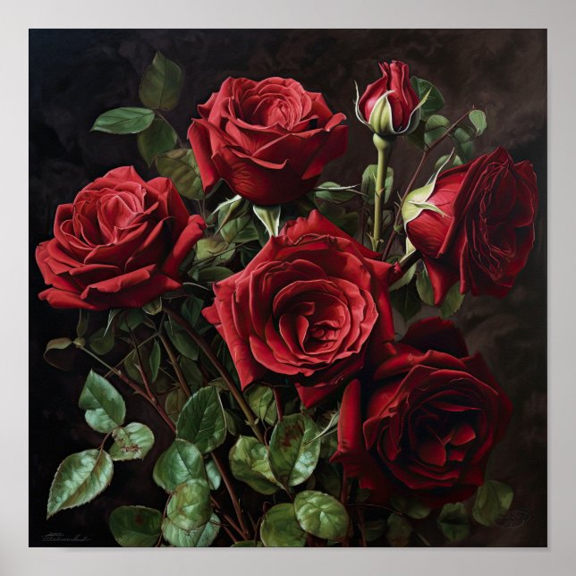 Affiche d'art imprimé de fleurs de roses rouges (Devant)