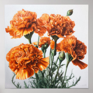 Affiche d'art imprimé de fleurs d'œillets orange