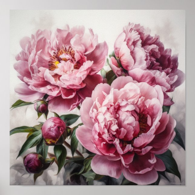 Affiche d'art imprimé de pivoines roses (Devant)