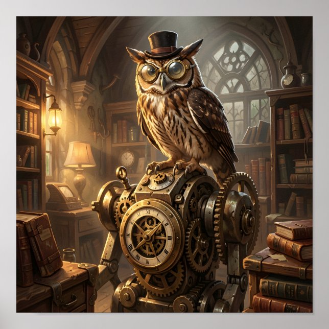 affiche d'art mécanique de hibou steampunk (Devant)