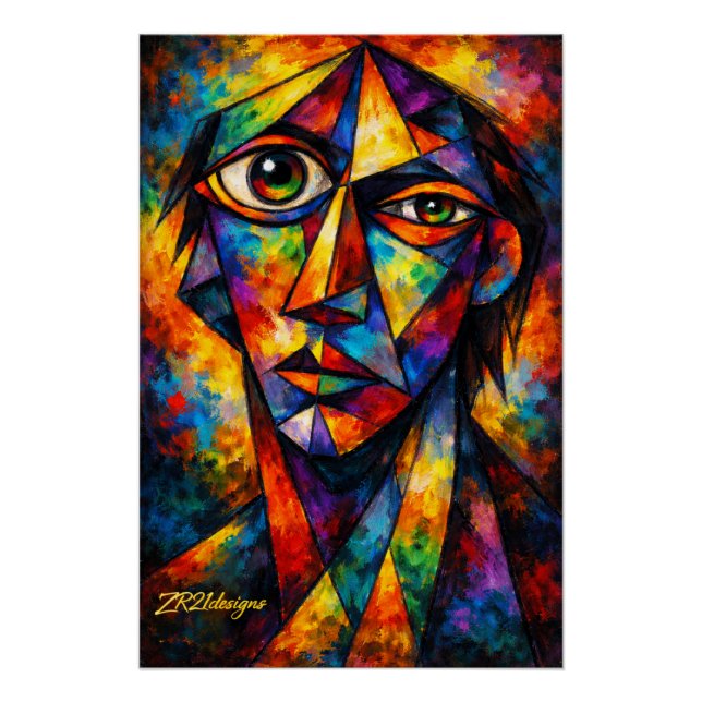 Affiche d'art moderne abstrait de visage cubiste v (Devant)