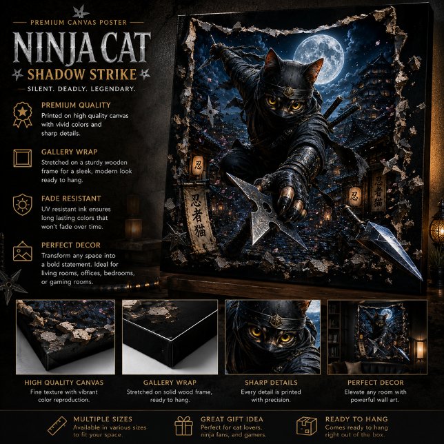 Affiche d'art mural 3D en relief Ninja Cat (Créateur téléchargé)