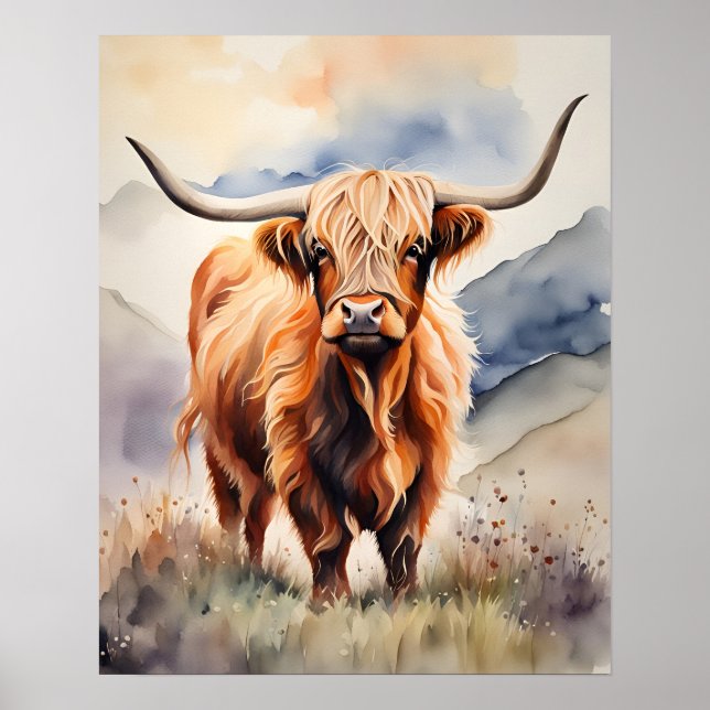Affiche d'art mural aquarelle de vache highland po (Devant)