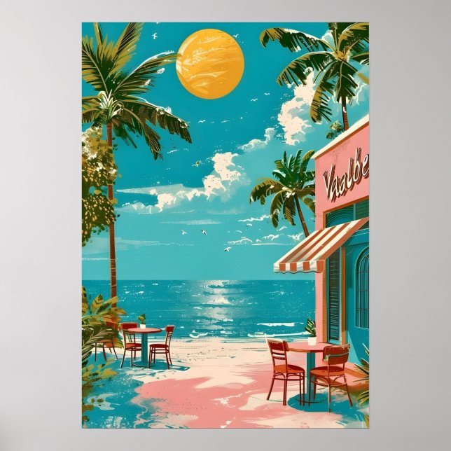Affiche d'art mural de café de plage côtière rétro (Devant)