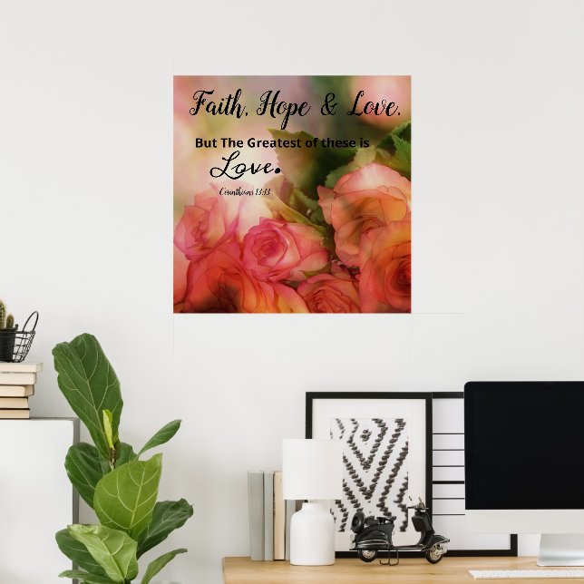 Affiche d'art mural Fleur rose Foi, Espérance et A (Bureau à domicile)