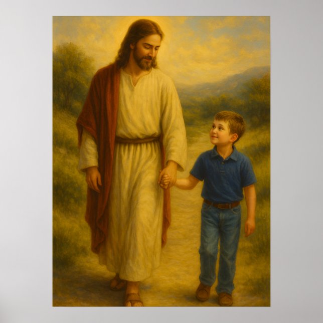 Affiche d'art mural Jésus marchant avec un garçon  (Devant)