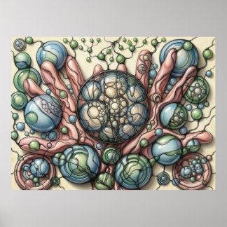 Affiche d'art neurographique Fleur de sphères bleu