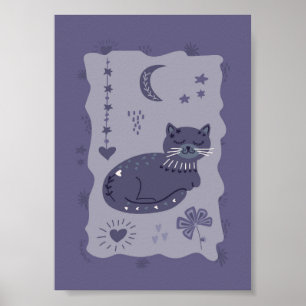 Affiche d'art populaire félin de nuit fantaisiste