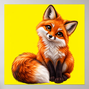 Affiche d'art Renard Rouge Mignon sur Fond Jaune