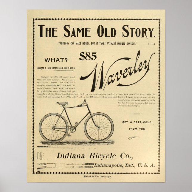 Affiche d'art sur les vélos Waverly Indiana 1894 (Devant)