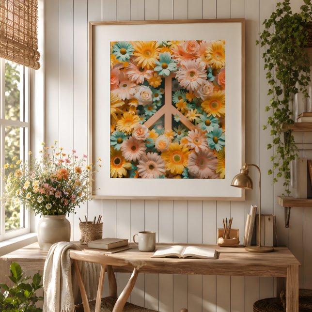 Affiche d'art symbole de paix floral – Fleur rétro (Brighten your home with this cheerful floral peace poster in warm vintage inspired colors.)
