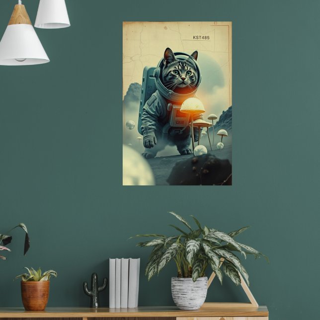 Affiche d'art vintage de chat astronaute dans l'es (Salon 1)