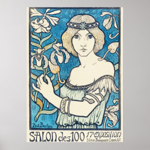 Affiche d'art vintage femme florale bleue Art Nouv