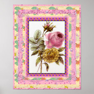 Affiche d'art vintage Fleurs Rose avec cadre