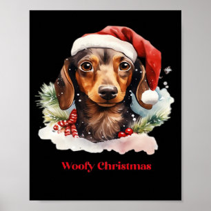 Affiche Daschund Chien Noël Chapeau De Père Noël Xmas Lumi