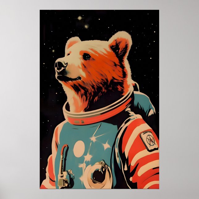 Affiche d'astronaute ours, Impression rétro ours,  (Devant)