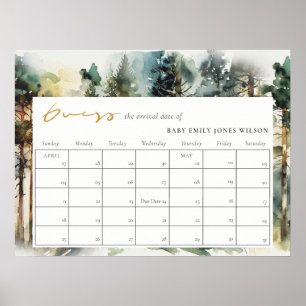 Affiche Date prévue pour bébé en forêt de bois aquarelle