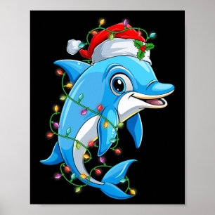 Affiche Dauphin amusant Santa Chapeau Noël Arbre Lumières 
