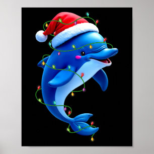 Affiche Dauphin amusant Santa Chapeau Noël Arbre Lumières 