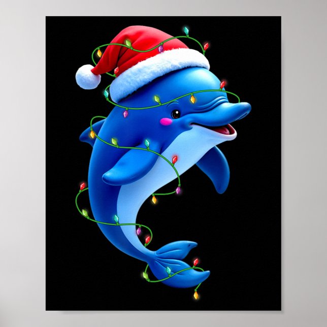 Affiche Dauphin amusant Santa Chapeau Noël Arbre Lumières  (Devant)