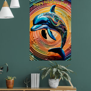 Affiche Dauphin coloré de la Saint-Valentin heureux