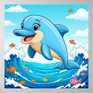 Affiche Dauphin de dessin animé mignon Splash pour décorat