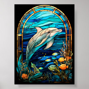 Affiche Dauphin en verre coloré nageant dans l'océan de ré