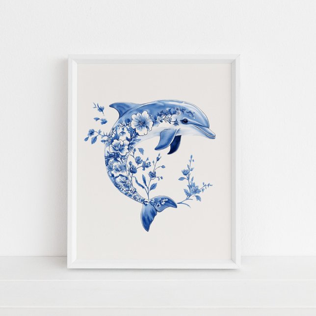 Affiche Dauphin floral - Bleu côtier sur Mur beige Art (Floral Dolphin – Coastal Blue on Beige Wall Art in a white frame on the floor.)