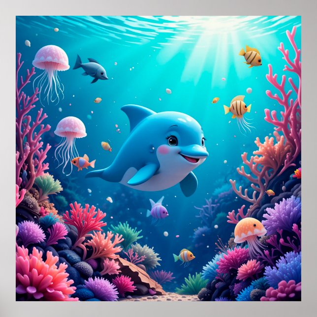Affiche Dauphin ludique et vie marine colorée (Devant)
