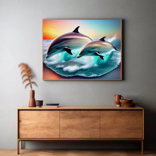 Affiche Dauphins dans Ocean Sunset 3d Ai Art
