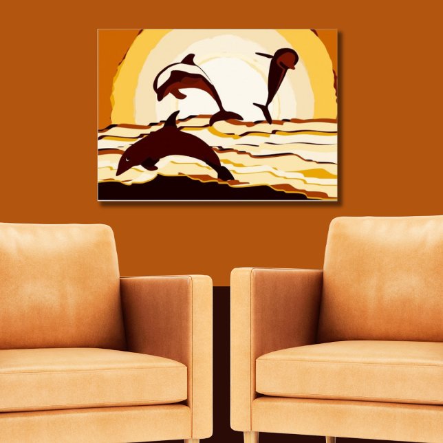 Affiche Dauphins De Sauts Abstraits Au Coucher Du Soleil (Three Jumping Dolphins at Sunset Poster)