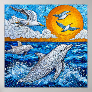 Affiche Dauphins et mouettes mosaïque océanique côtière