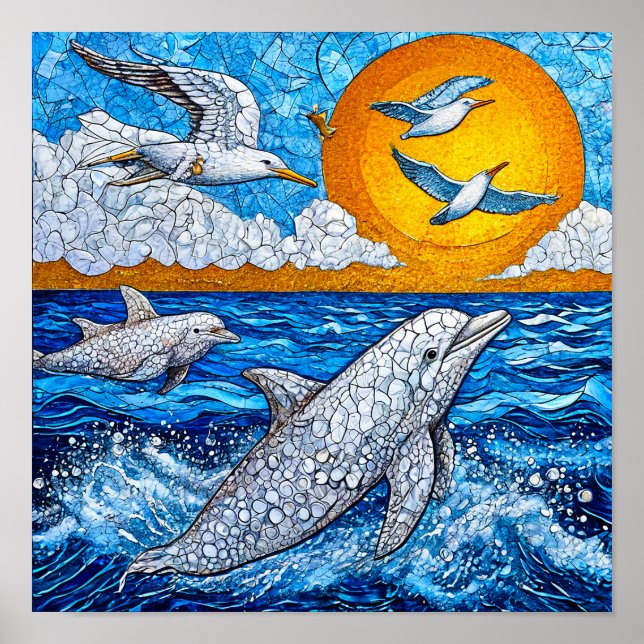 Affiche Dauphins et mouettes mosaïque océanique côtière (Devant)