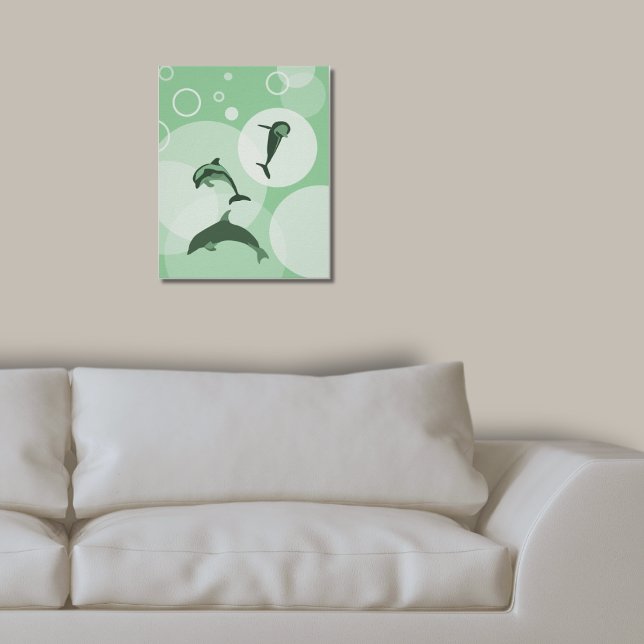 Affiche Dauphins Jumping Turquoise-Green Wave amusants (Fun Turquoise-Green Wave Jumping Dolphins Poster Family Living Room)