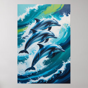 Affiche Dauphins sautant à travers les vagues de l'océan D