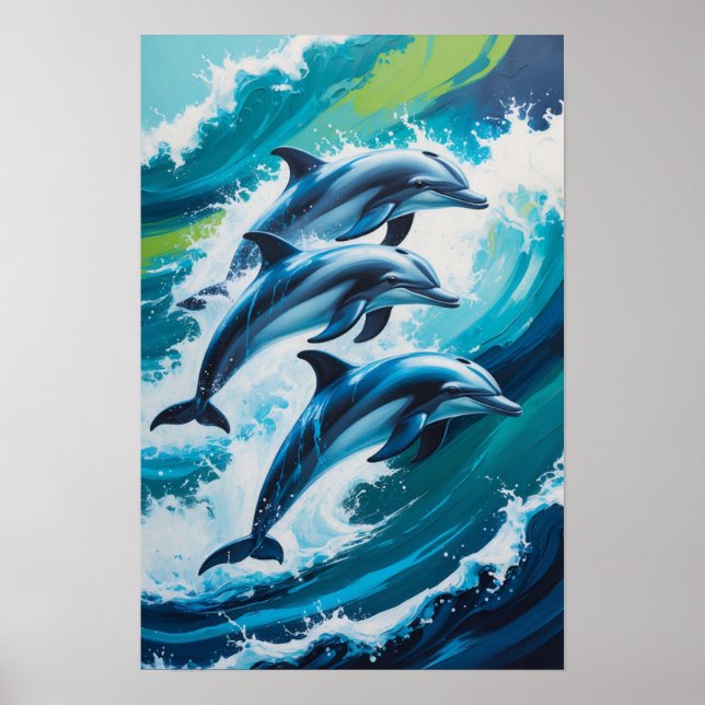 Affiche Dauphins sautant à travers les vagues de l'océan D (Devant)