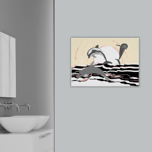 Affiche Dauphins sauteurs de l'océan abstrait au lever du 