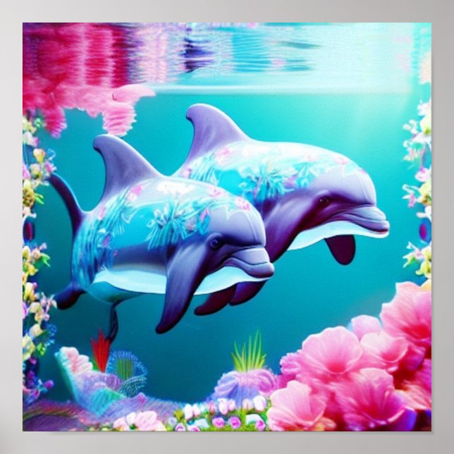 Affiche Dauphins Whimsical et floral sous-marin (Devant)