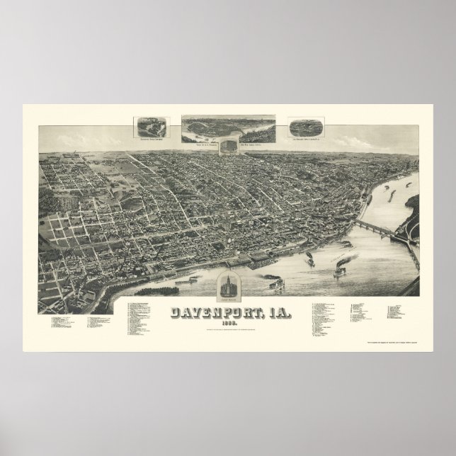 Affiche Davenport, IA Carte panoramique - 1888 (Devant)