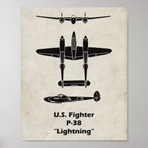 Affiche d'avion P-38 Lightning de la Seconde Guerr