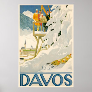Affiche Davos Alpes suisses Sport d'hiver Suisse Vintage