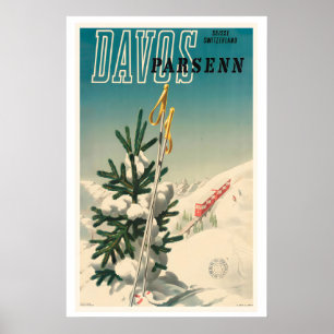 Affiche Davos Parsenn Montagne Neige Suisse Vintage