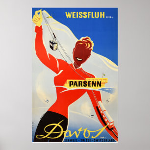 Affiche Davos Parsenn, Une Fille Montre Le Téléphérique Ca