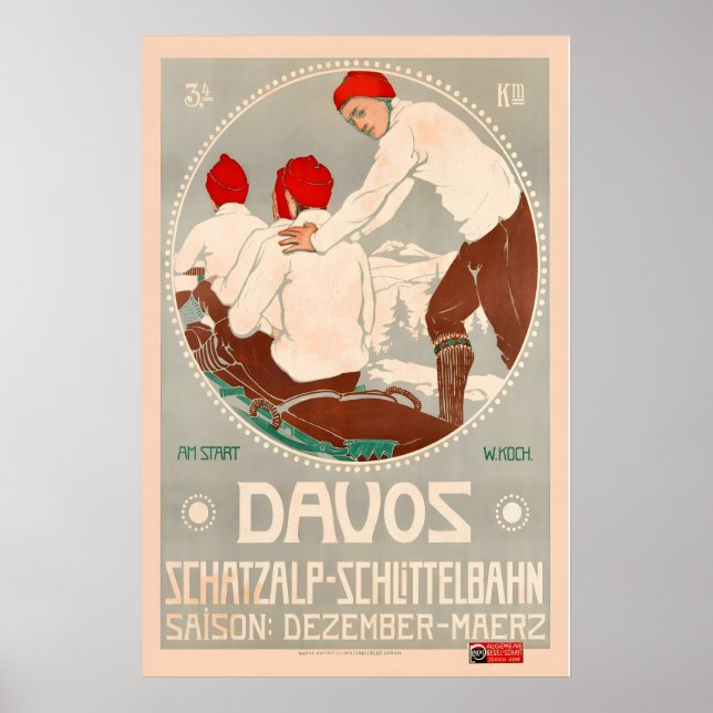 Affiche Davos Schatzalp-Schlittelbahn Suisse Vintage (Devant)