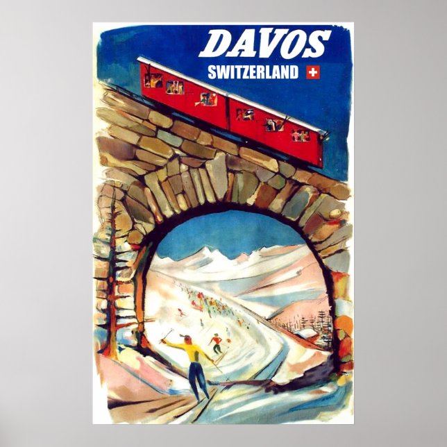 Affiche Davos, téléphérique rouge sur le pont, Suisse (Devant)