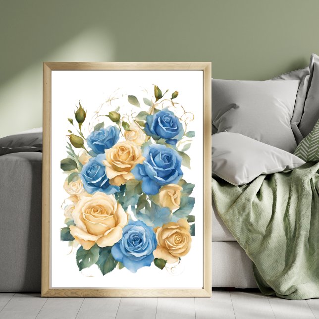Affiche de aquarelle romantique aux roses or et bl (Gold and Blue Roses Romantic Watercolor Poster)