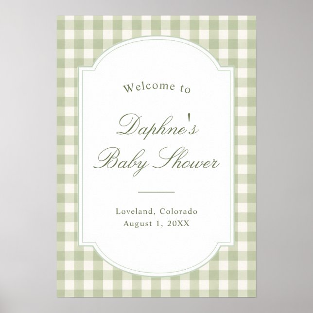 Affiche de Baby Shower à carreaux vert sauge (Devant)