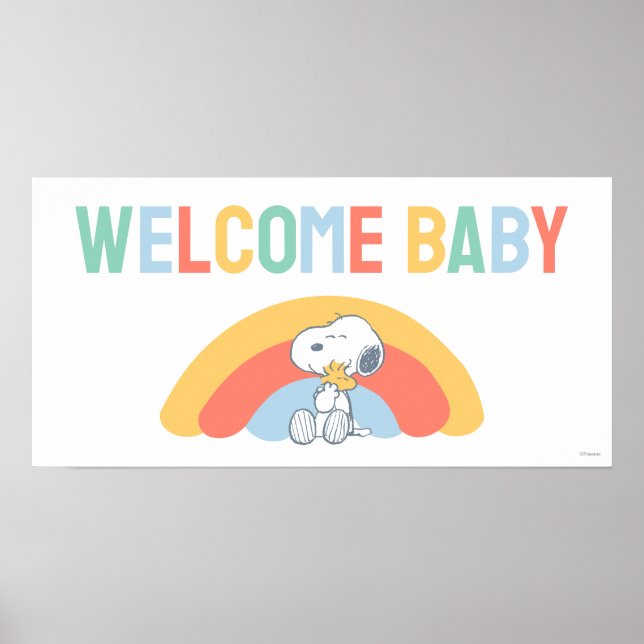 Affiche de Baby Shower Arc-en-ciel Snoopy & Woodst (Devant)